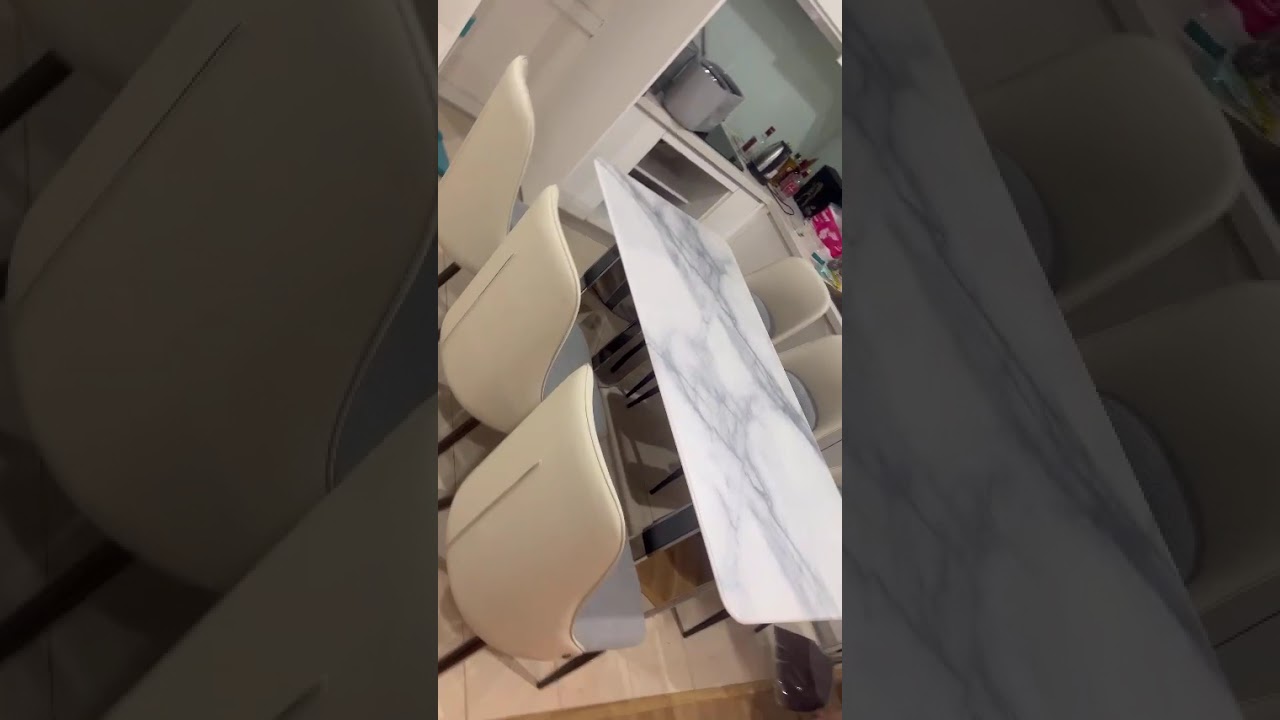 Bộ Bàn Ăn 6 Ghế Mặt Đá Vi Tinh Thể – Chân Inox Sáng Bóng, Sang Trọng