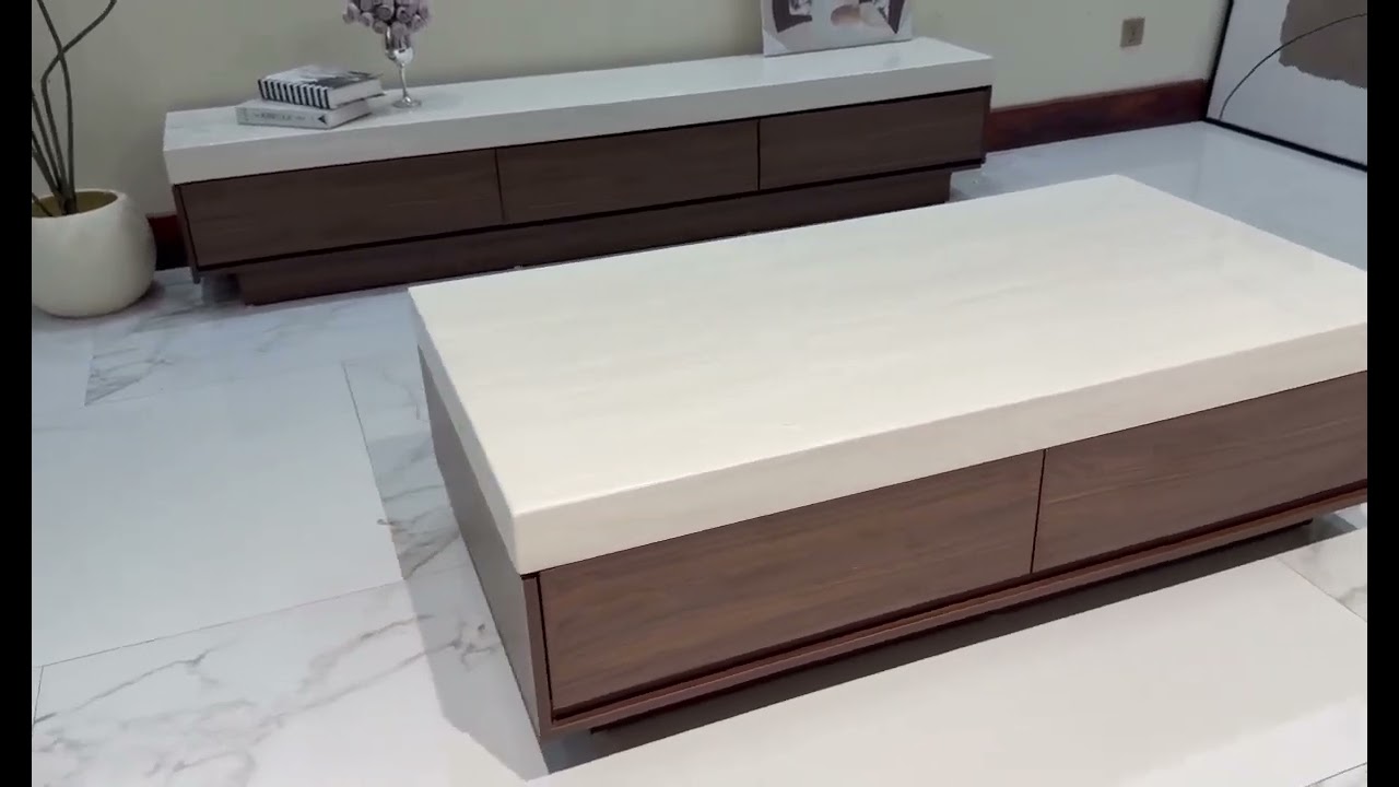 Bàn trà chữ nhật mặt đá, kết hợp gỗ có ngăn kéo cao cấp nhập khẩu - tongkhonoithatgiadinh.com