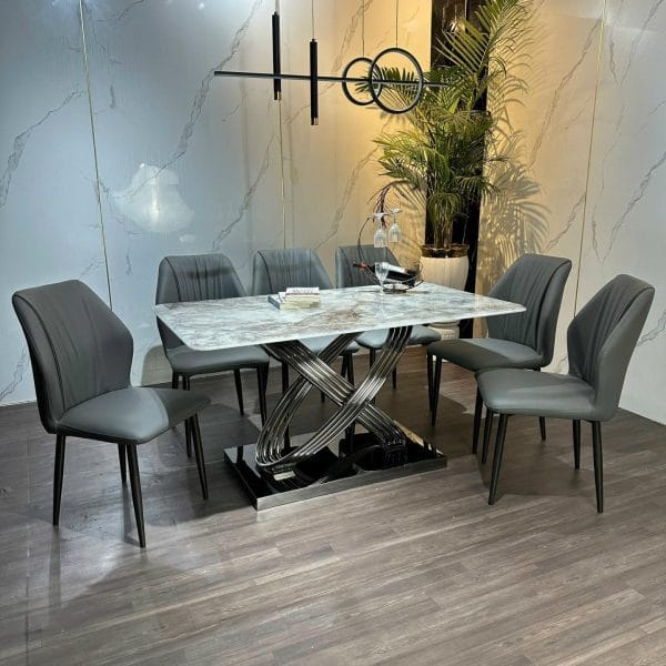 Ban An 6 Ghe Mat Da Vi Tinh The Chan Inox Cach Dieu Ghe Solix Da Cao Cap Sp1810