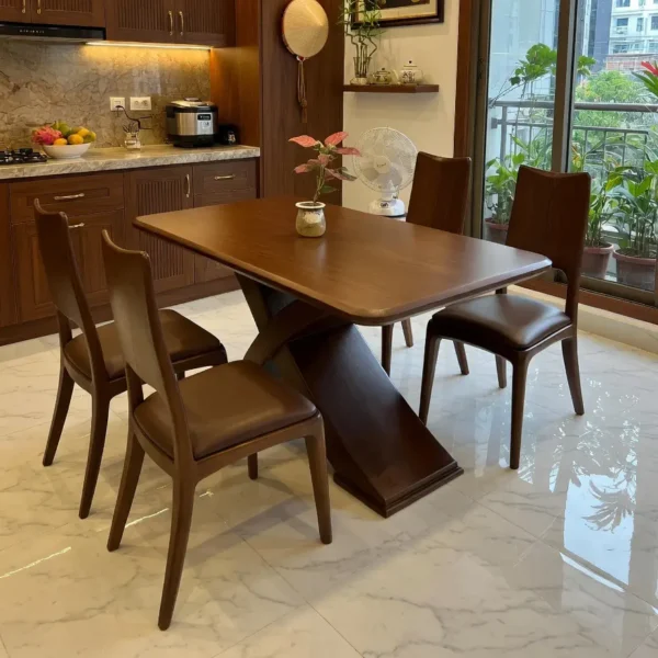 Bộ bàn ăn 6 ghế gỗ sồi khuyết lưng chân chữ X cong cao cấp - SP2028