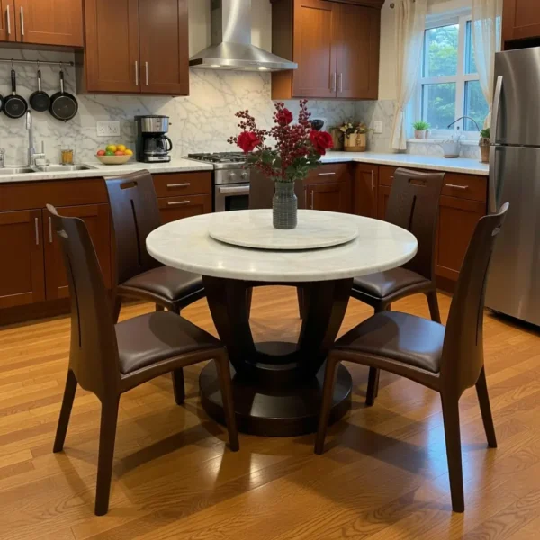 Bộ bàn ăn 6 ghế, mặt bàn đá tròn xoay 2 tầng, chân gỗ sồi cao cấp - SP5564