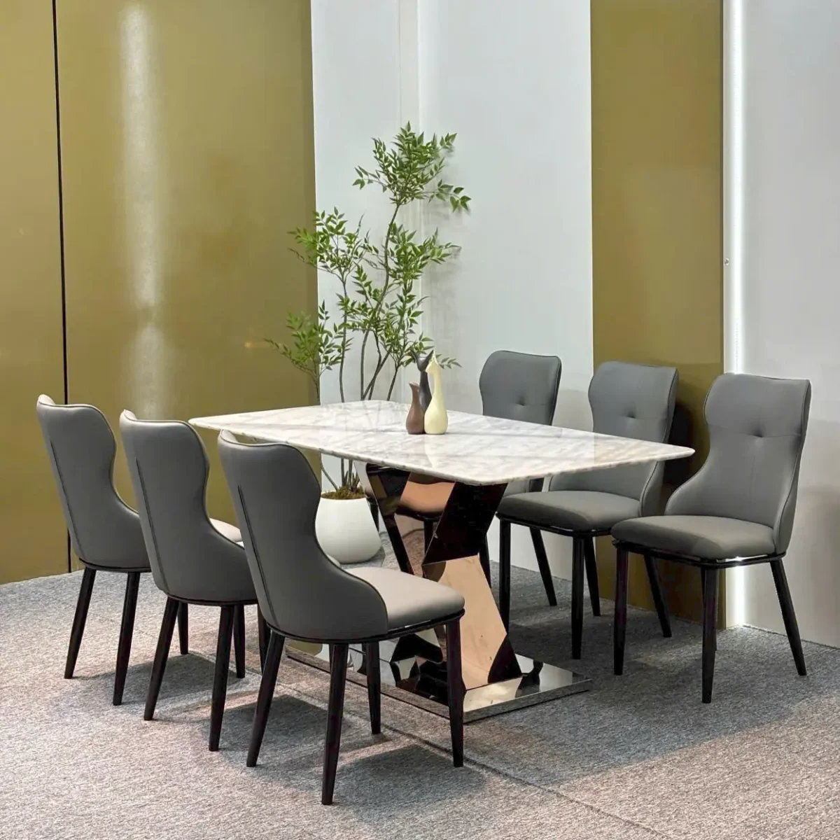 Bàn ăn 6 ghế, mặt đá vi tinh thể, ghế ăn bọc da cao cấp - SP6423