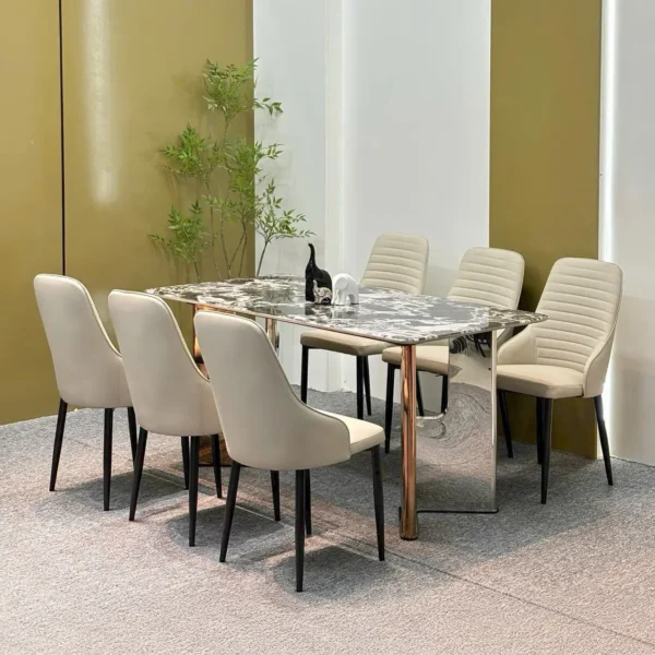 Bàn ăn 6 ghế mặt đá vi tinh thể, ghế da cao cấp - SP6447