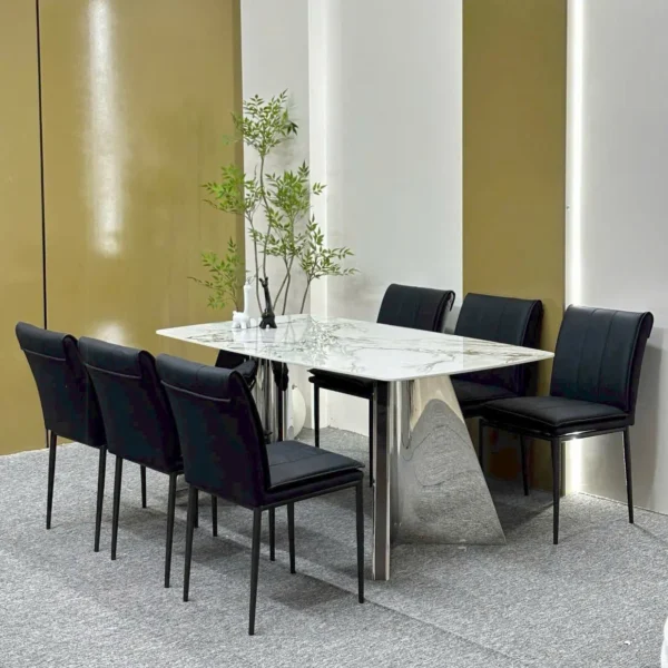 Bàn ăn 6 ghế mặt đá vi tinh thể sang trọng, ghế da cao cấp - SP6432