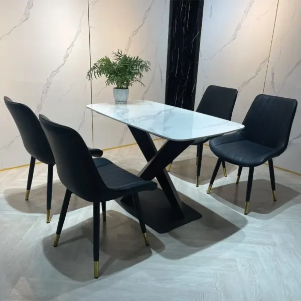 Bàn ăn mặt đá ceramic, chân sắt chữ X, ghế da nhập khẩu - SP6767