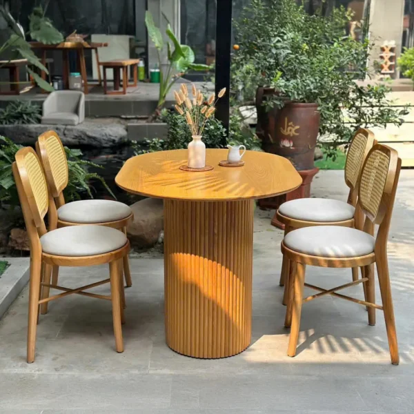 Bộ bàn ăn gỗ tự nhiên decor, kèm 4 ghế gỗ tựa mây - SP6692