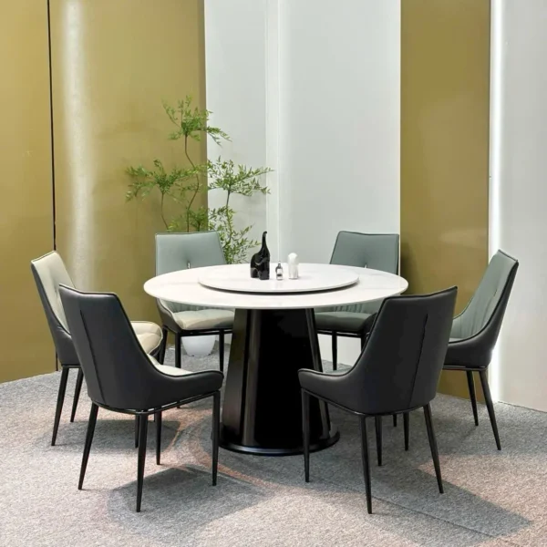 Bàn ăn tròn mặt đá xoay 2 tầng ghê da nhập khẩu - SP7675