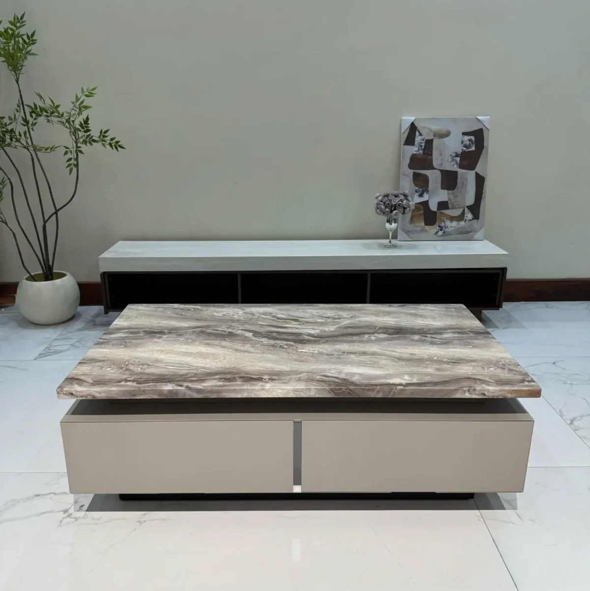 Bàn trà chữ nhật mặt đá, có ngăn kéo sang trọng nhập khẩu - SP7846