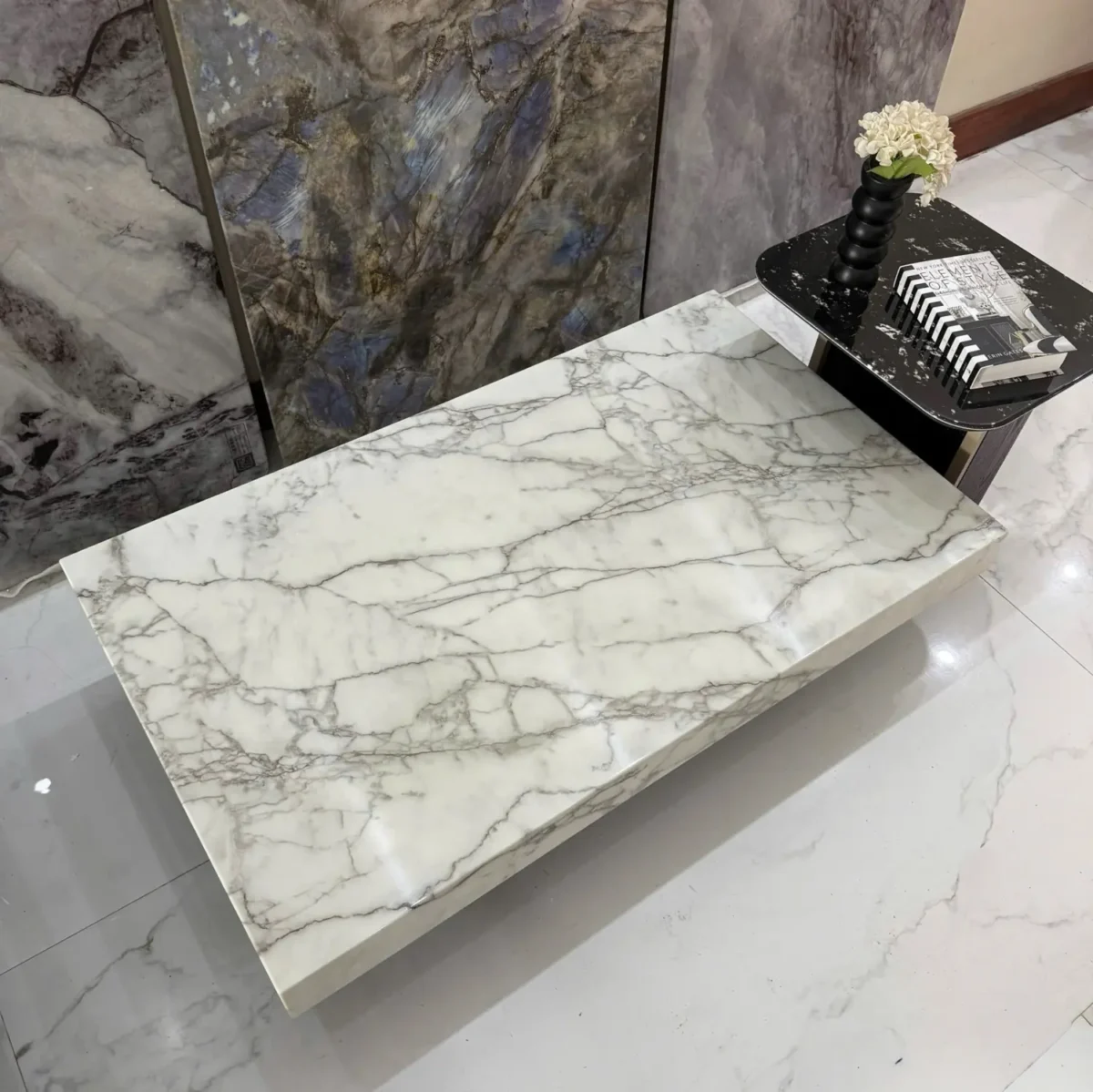 Bàn trà chữ nhật mặt đá nguyên tấm, kết hợp bàn phụ sang trọng nhập khẩu - SP7872 - Ảnh 4