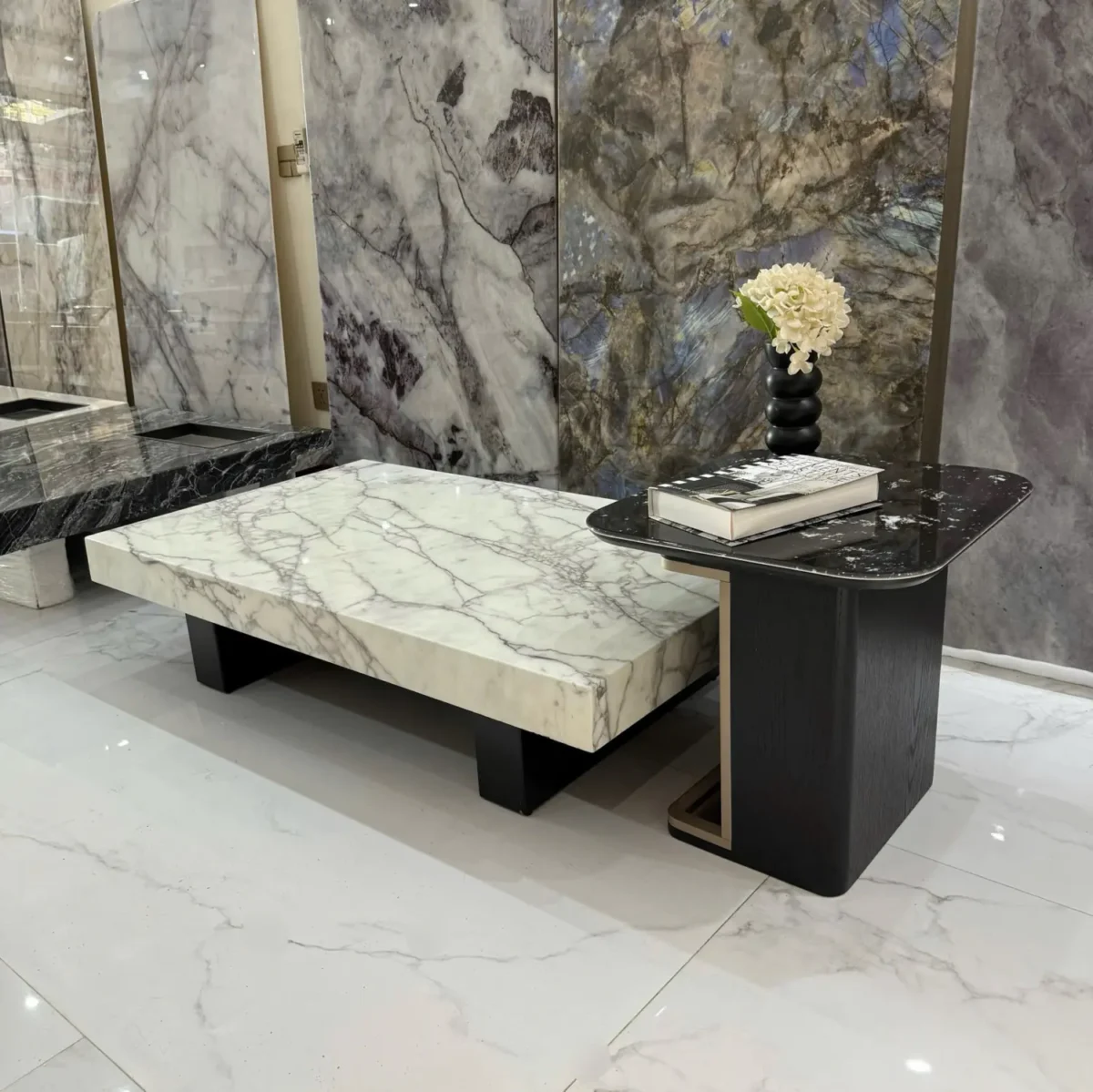 Bàn trà chữ nhật mặt đá nguyên tấm, kết hợp bàn phụ sang trọng nhập khẩu - SP7872 - Ảnh 2