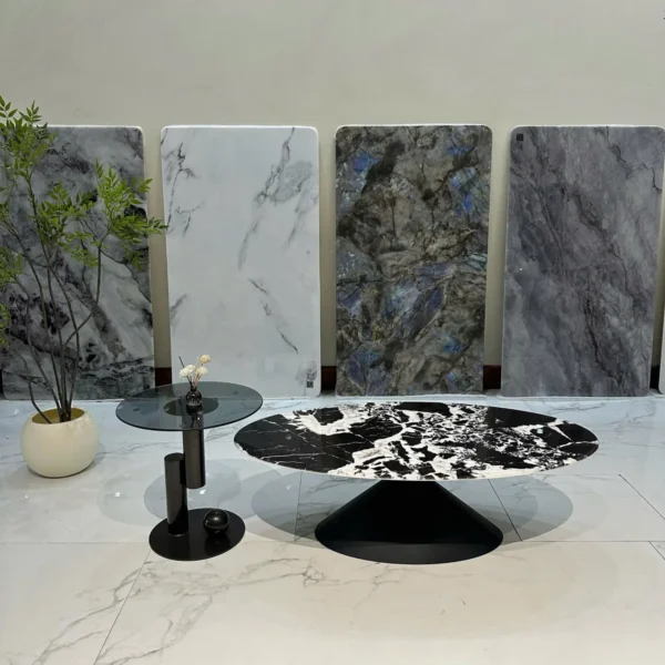 Bàn trà đôi mặt đá cẩm thạch, kết hợp bàn phụ mặt kính nhập khẩu - SP7958
