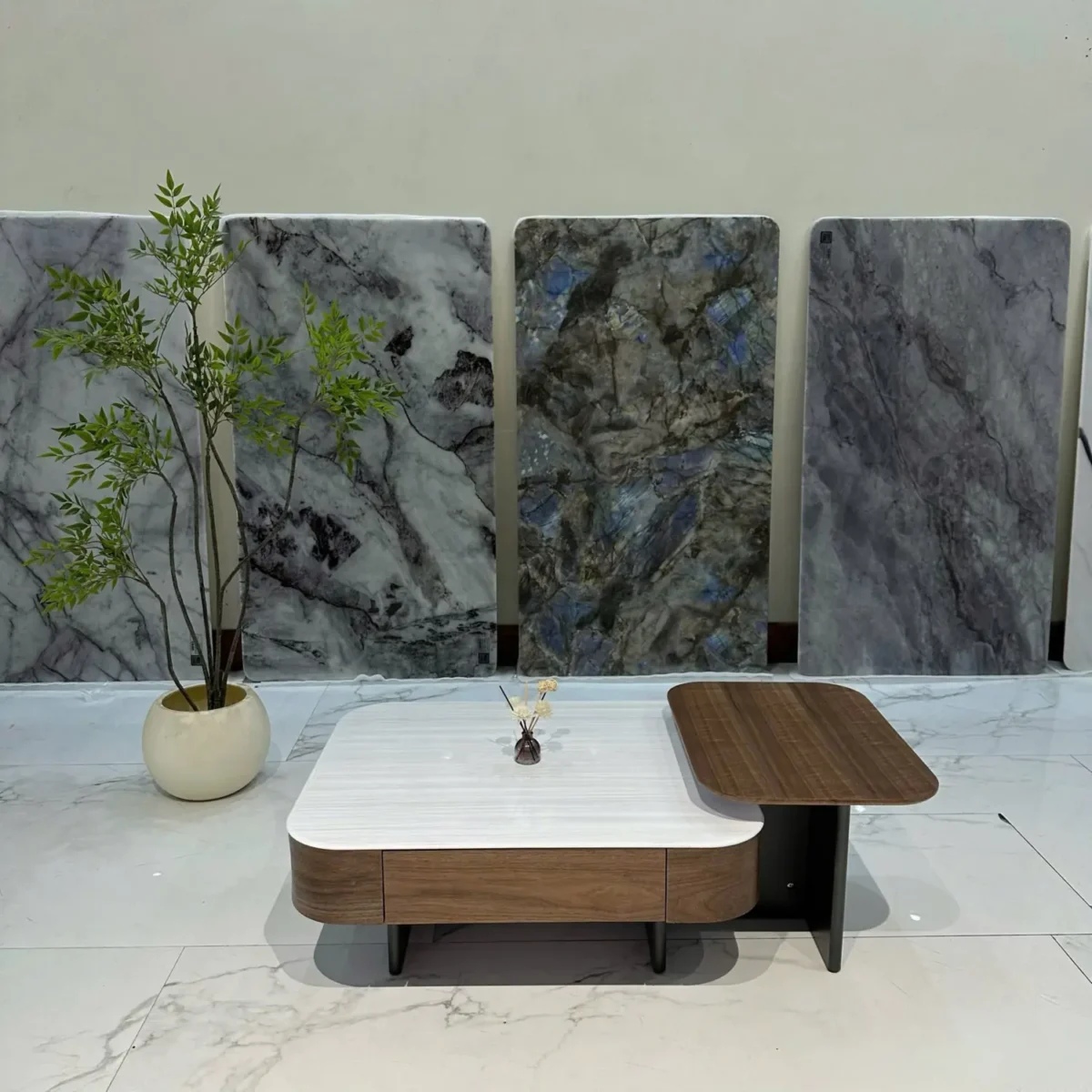 Bàn trà đôi mặt đá gỗ veener óc chó, kết hợp bàn phụ hiện đại nhập khẩu - SP8015 - Ảnh 5