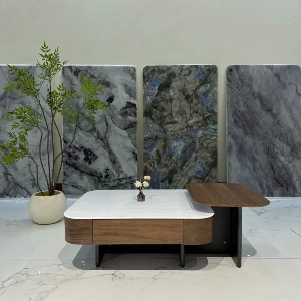 Bàn trà đôi mặt đá gỗ veener óc chó, kết hợp bàn phụ hiện đại nhập khẩu - SP8015