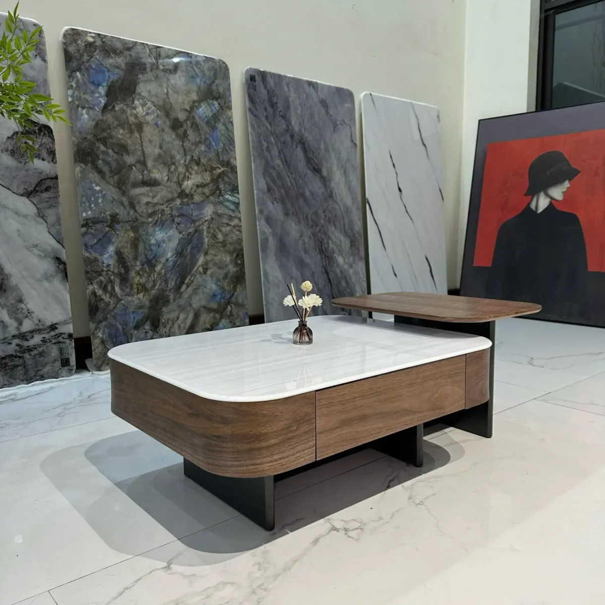 Bàn trà đôi mặt đá gỗ veener óc chó, kết hợp bàn phụ hiện đại nhập khẩu - SP8015 - Ảnh 4