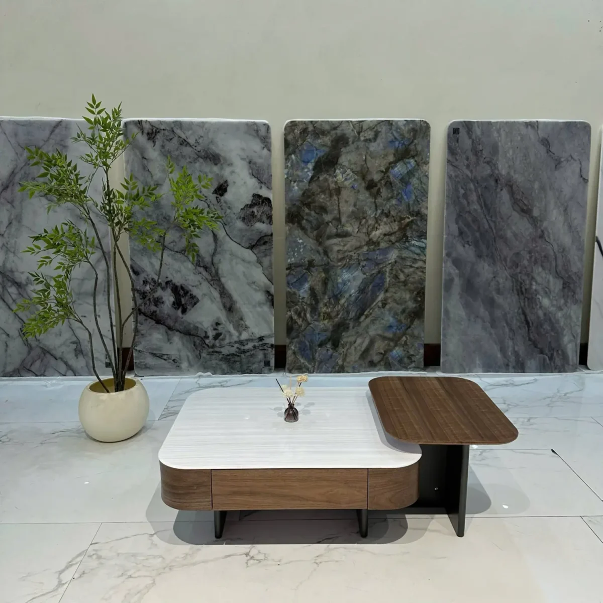 Bàn trà đôi mặt đá gỗ veener óc chó, kết hợp bàn phụ hiện đại nhập khẩu - SP8015 - Ảnh 3