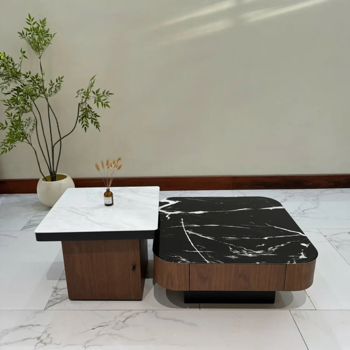 Bàn trà đôi mặt đá, phối trắng đen hiện đại nhập khẩu - SP7852