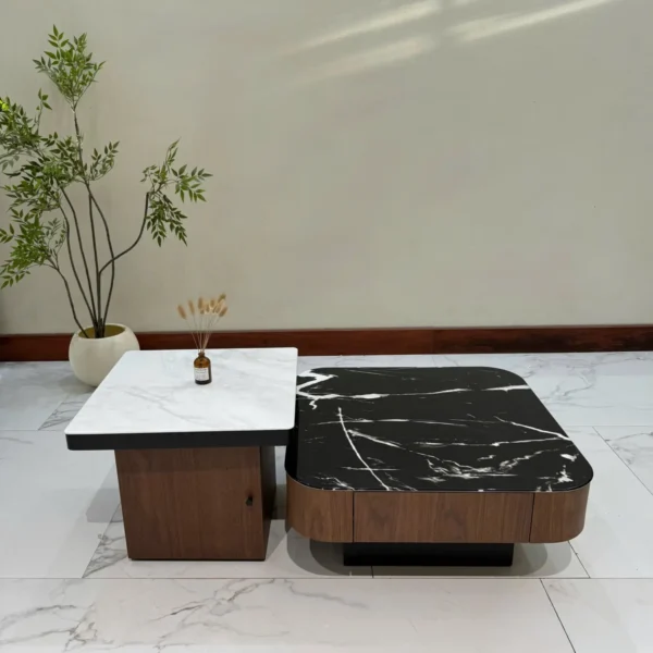 Bàn trà đôi mặt đá, phối trắng đen hiện đại nhập khẩu - SP7852