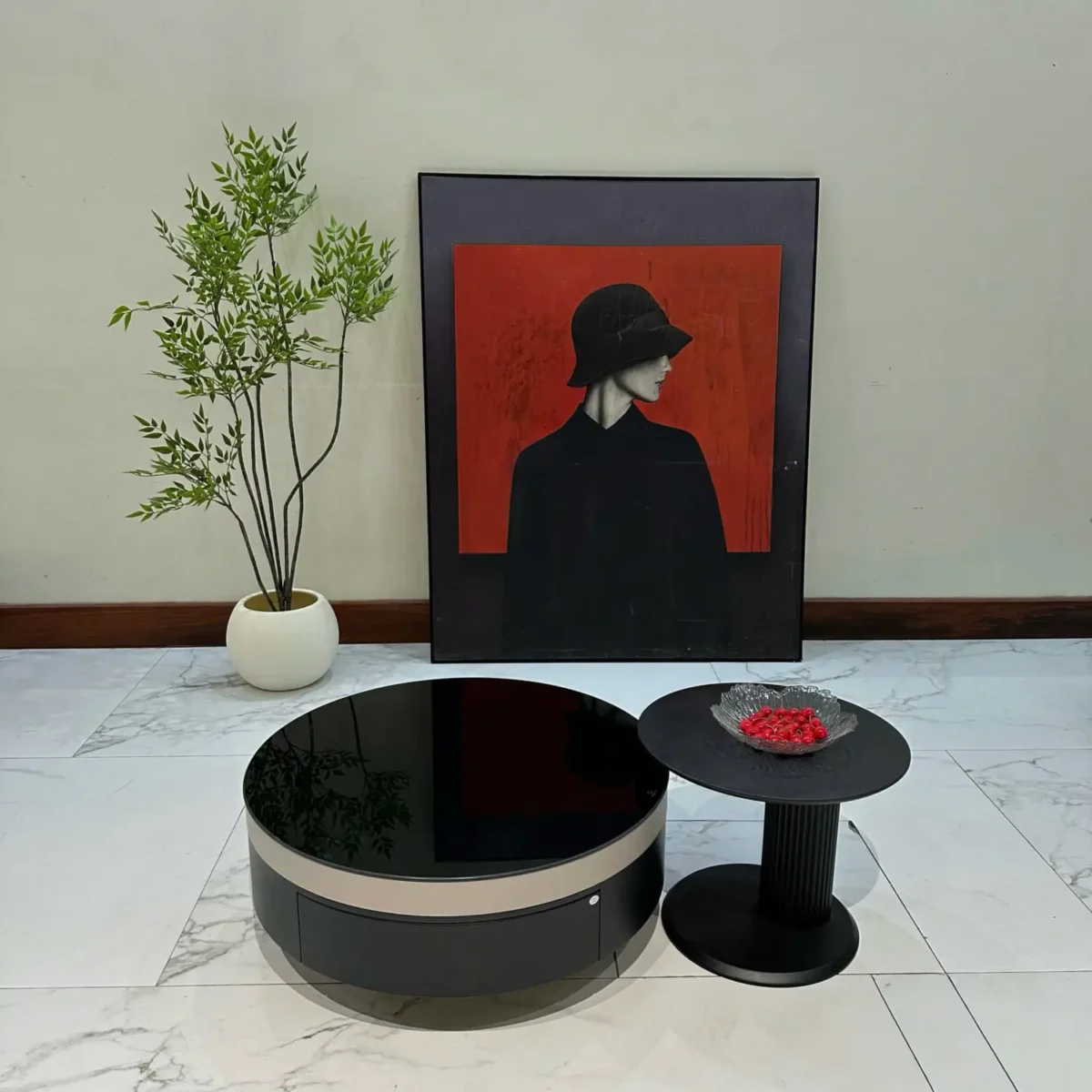Bàn trà đôi tròn mặt kính đen, kết hợp bàn phụ tối giản nhập khẩu - SP7986 - Ảnh 5