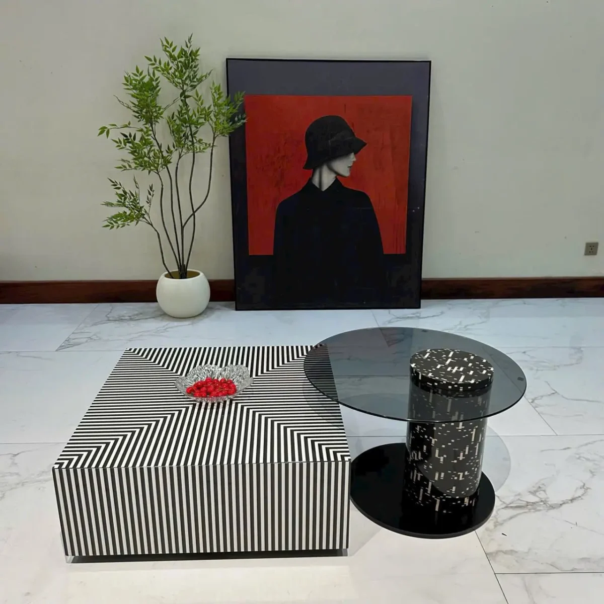 Bàn trà đôi vuông mặt đá họa tiết sọc kẻ độc đáo nhập khẩu - SP7999