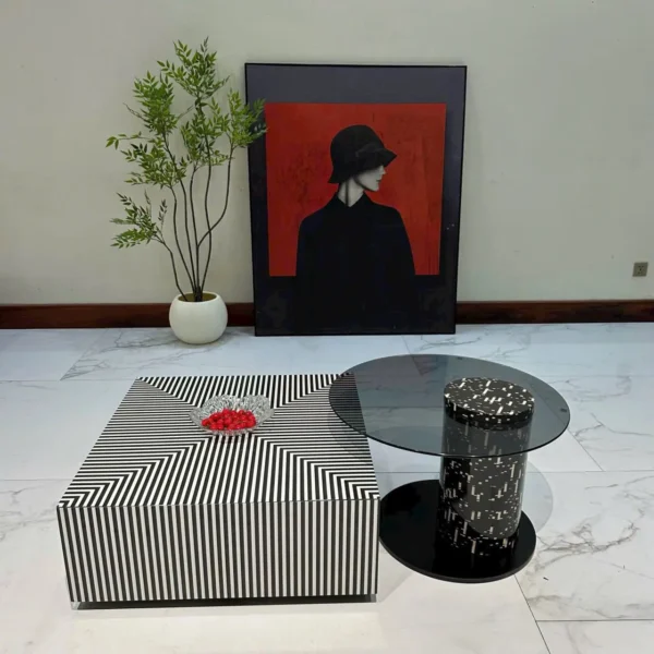 Bàn trà đôi vuông mặt đá họa tiết sọc kẻ độc đáo nhập khẩu - SP7999
