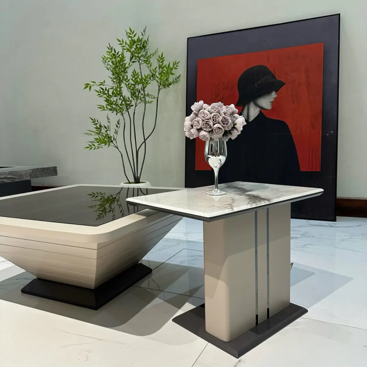 Bàn trà đôi vuông mặt kính phối đá, kết hợp bàn phụ sang trọng nhập khẩu - SP7930 - Ảnh 5