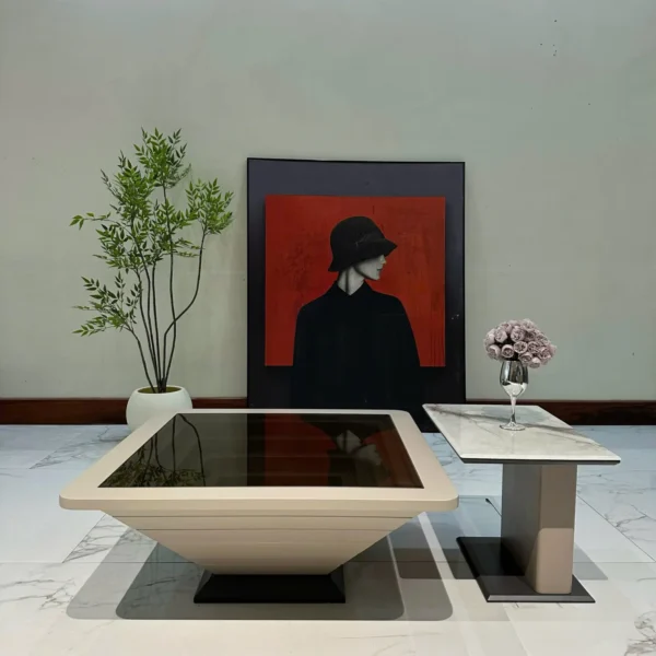 Bàn trà đôi vuông mặt kính phối đá, kết hợp bàn phụ sang trọng nhập khẩu - SP7930