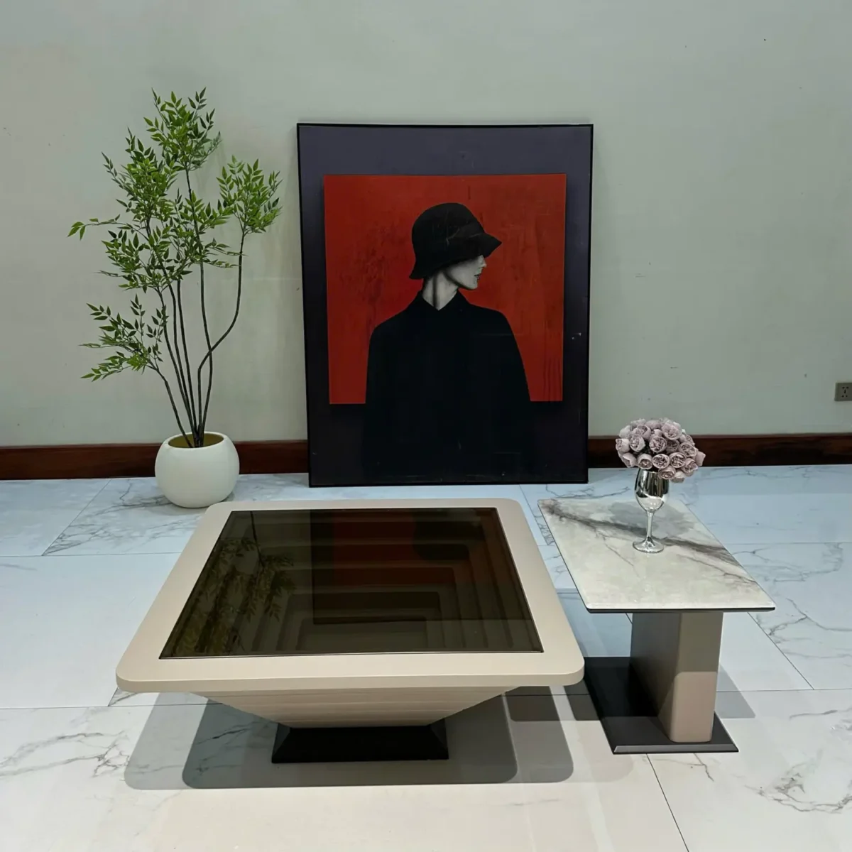 Bàn trà đôi vuông mặt kính phối đá, kết hợp bàn phụ sang trọng nhập khẩu - SP7930 - Ảnh 4