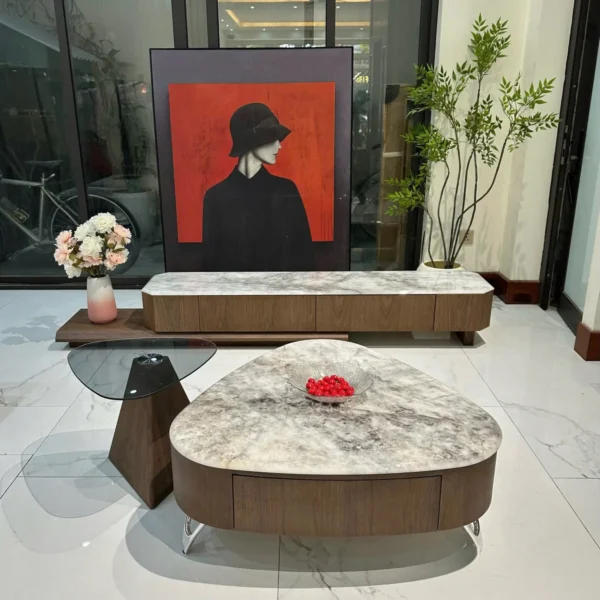 Bàn trà mặt đá oval, kết hợp bàn phụ tinh tế nhập khẩu - SP7857