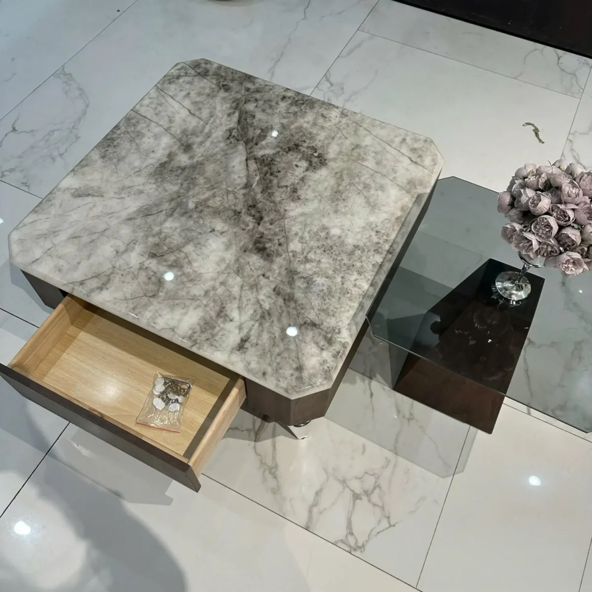 Bàn trà mặt đá oval, kết hợp bàn phụ tinh tế nhập khẩu - SP7857 - Ảnh 3