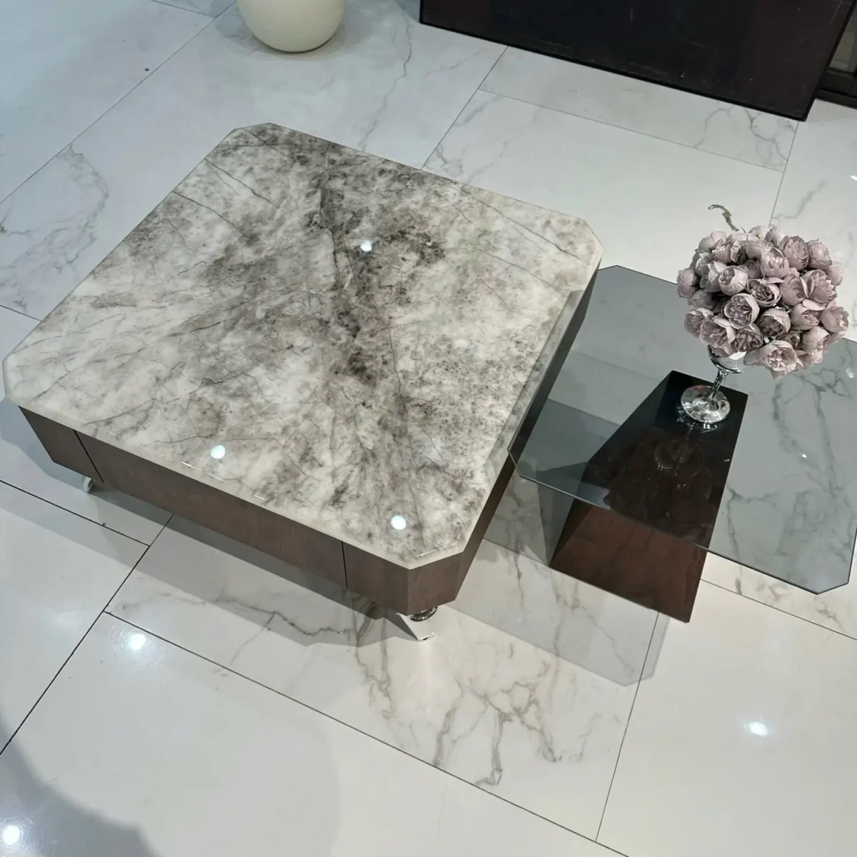 Bàn trà mặt đá oval, kết hợp bàn phụ tinh tế nhập khẩu - SP7857 - Ảnh 5