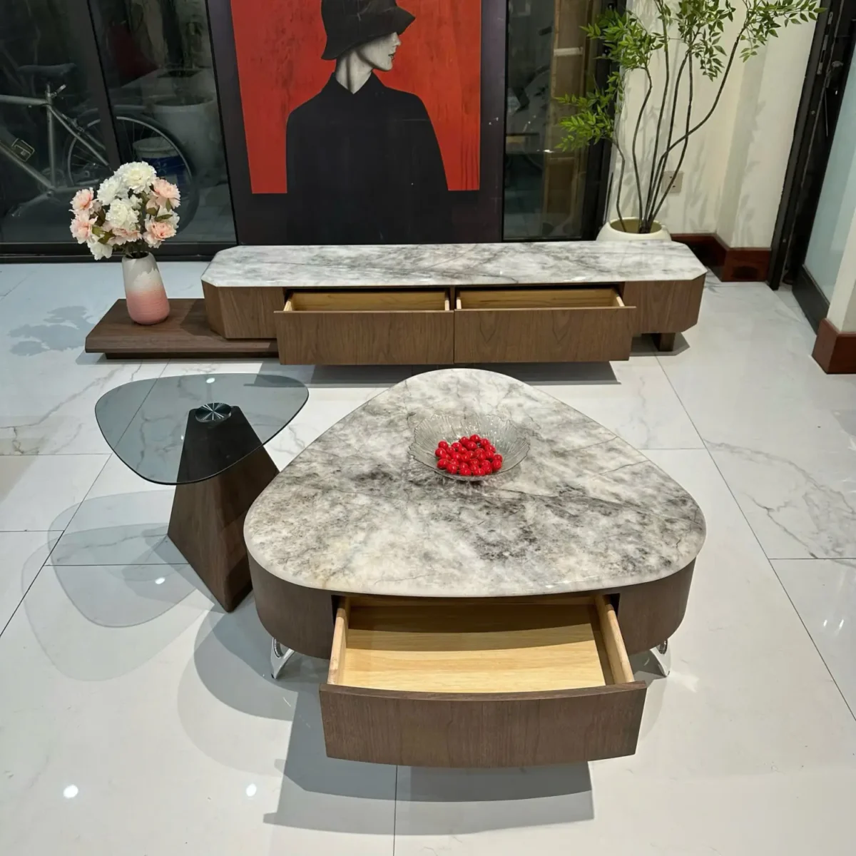 Bàn trà mặt đá oval, kết hợp bàn phụ tinh tế nhập khẩu - SP7857 - Ảnh 6