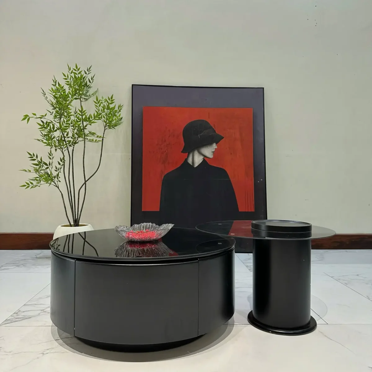 Bàn trà mặt đá tròn, kèm bàn phụ hiện đại nhập khẩu - SP7770