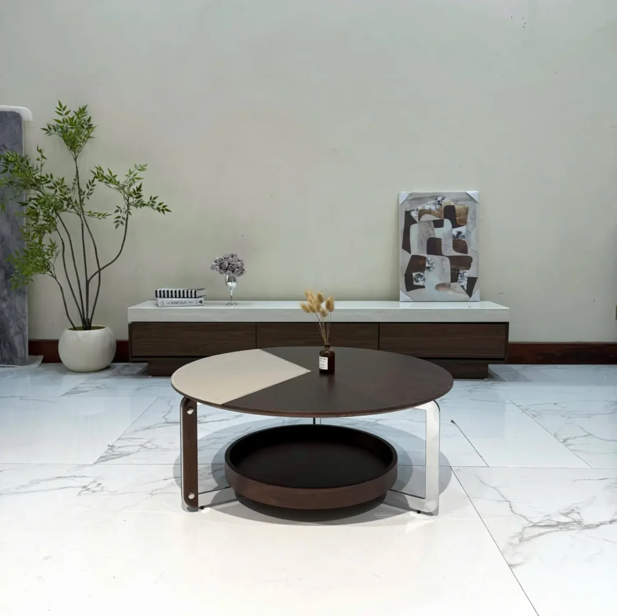 Bàn trà tròn đôi bằng gỗ vân óc chó cao cấp nhập khẩu - SP7833 - Ảnh 3