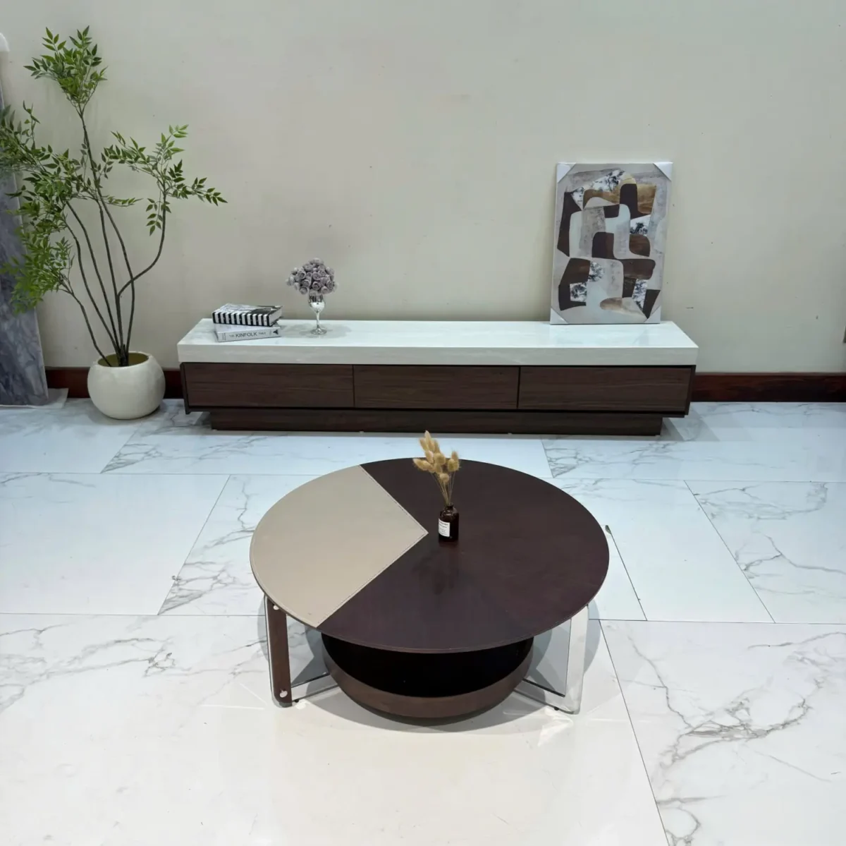 Bàn trà tròn đôi bằng gỗ vân óc chó cao cấp nhập khẩu - SP7833 - Ảnh 5