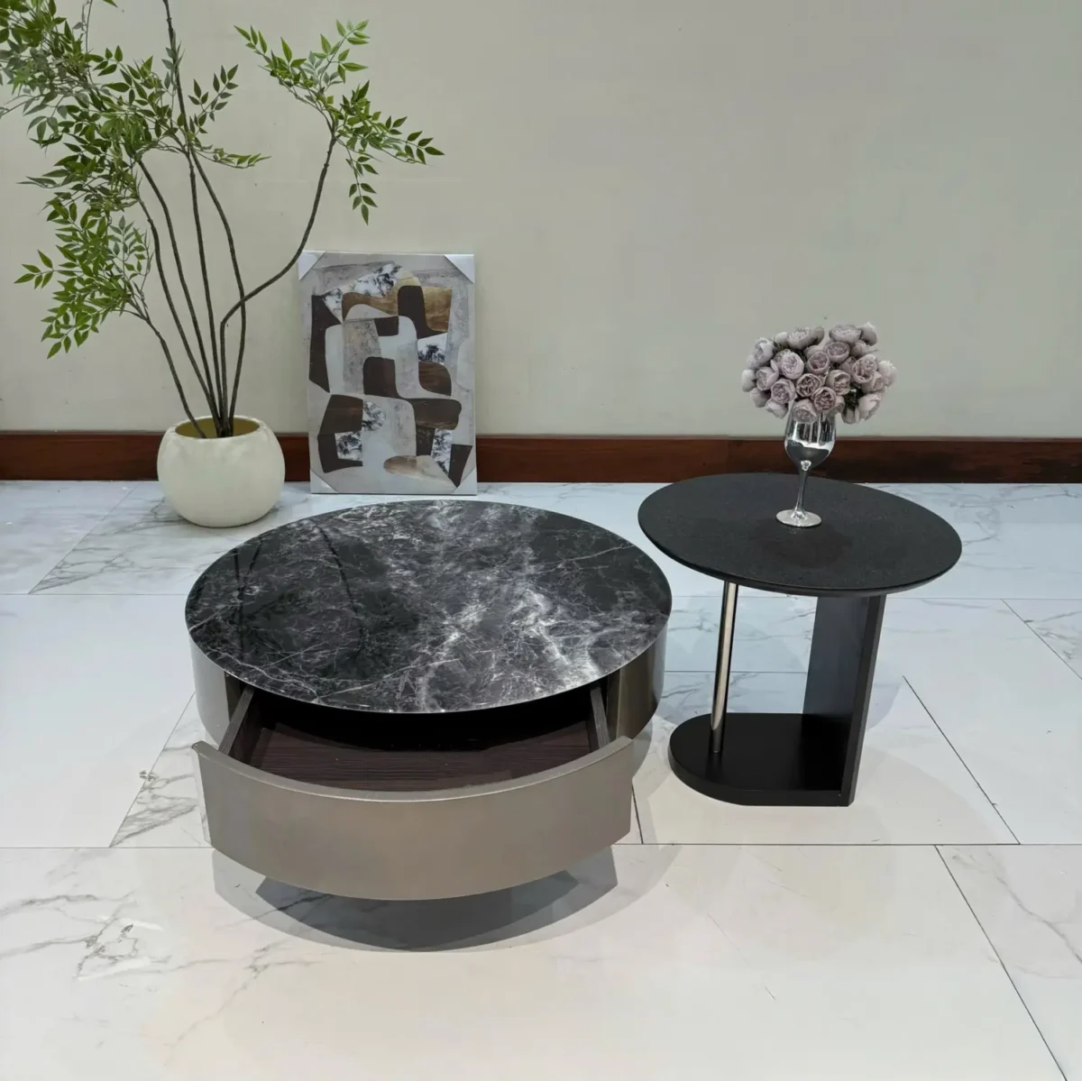 Bàn trà tròn mặt đá, kèm bàn phụ sang trọng nhập khẩu - SP7806 - Ảnh 4