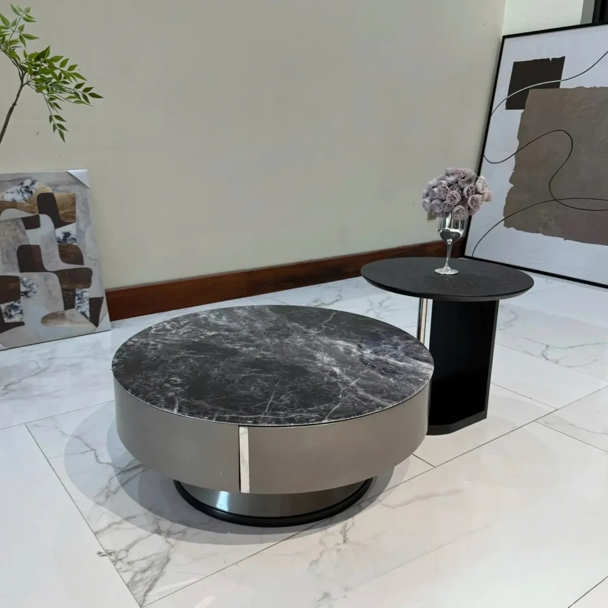 Bàn trà tròn mặt đá, kèm bàn phụ sang trọng nhập khẩu - SP7806 - Ảnh 3