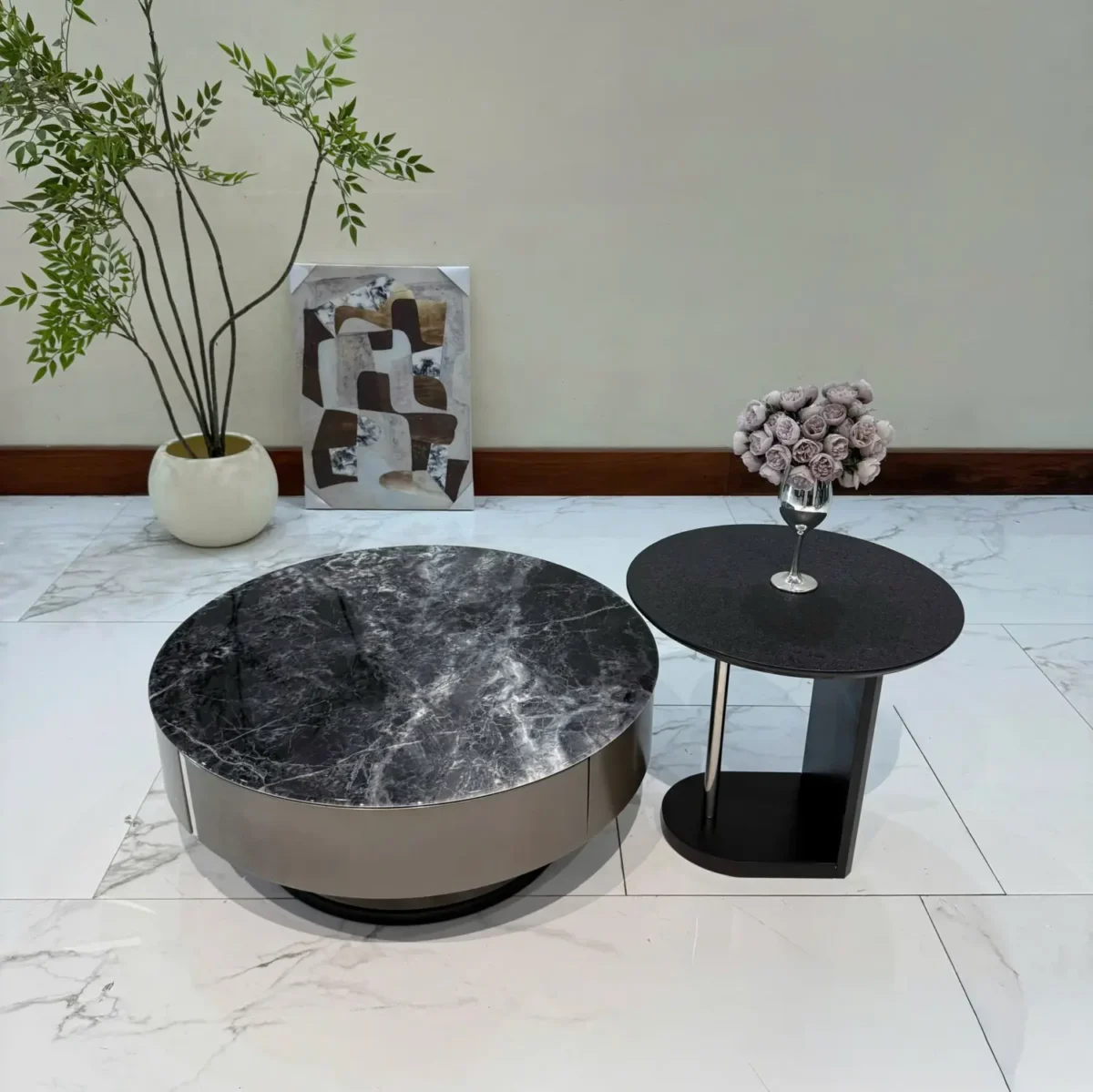 Bàn trà tròn mặt đá, kèm bàn phụ sang trọng nhập khẩu - SP7806 - Ảnh 2