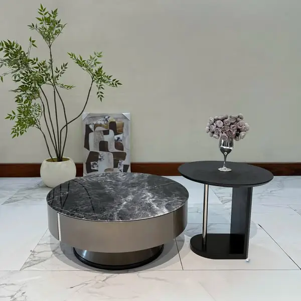 Bàn trà tròn mặt đá, kèm bàn phụ sang trọng nhập khẩu - SP7806