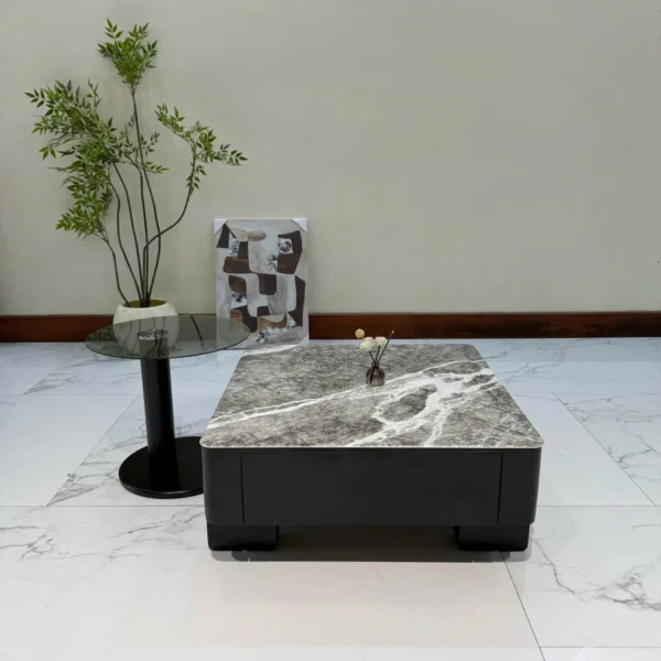 Bàn trà vuông mặt đá, kết hợp bàn phụ mặt kính nhập khẩu - SP7794