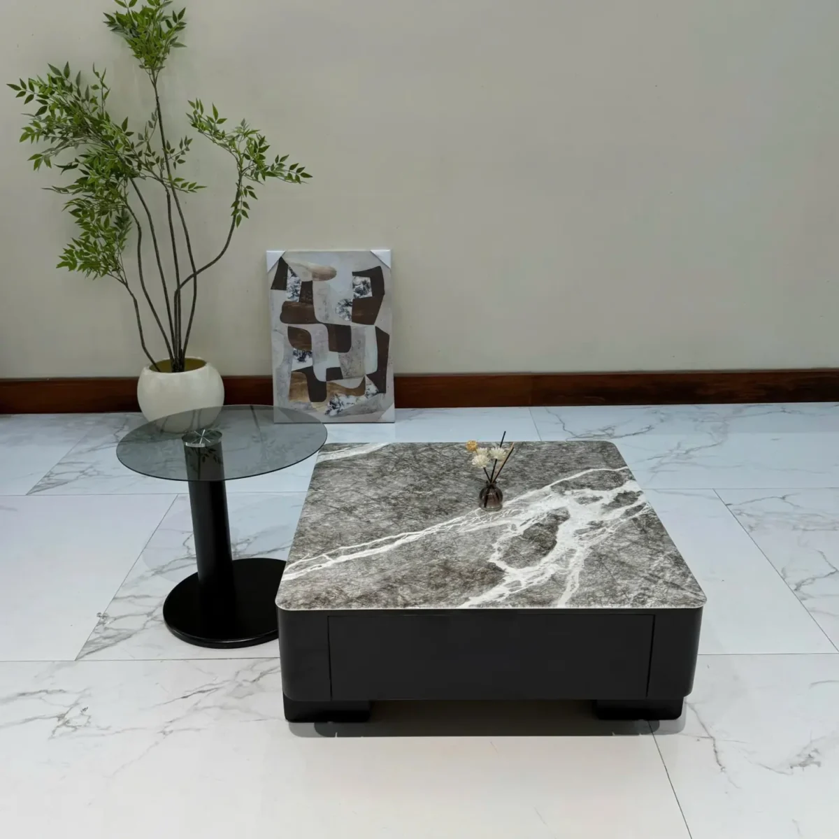 Bàn trà vuông mặt đá, kết hợp bàn phụ mặt kính nhập khẩu - SP7794 - Ảnh 3
