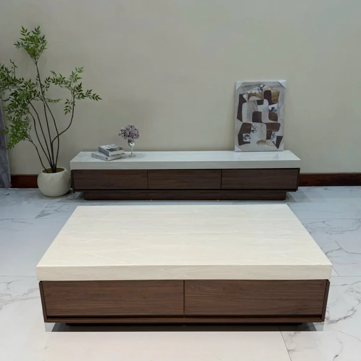 Bộ bàn kệ gỗ óc chó mặt đá cẩm thạch nhập khẩu - SP8338