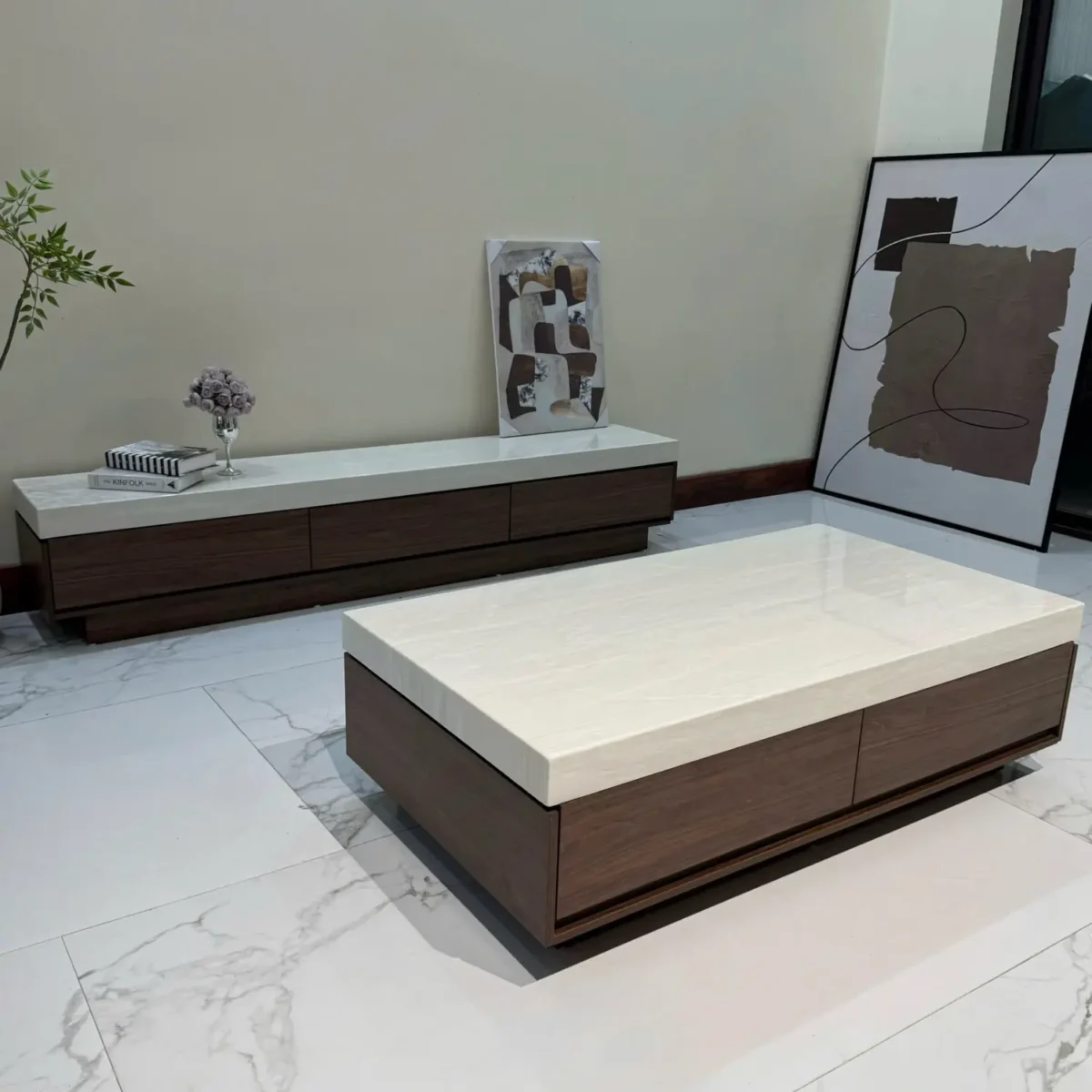 Bộ bàn kệ gỗ óc chó mặt đá cẩm thạch nhập khẩu - SP8338 - Ảnh 2