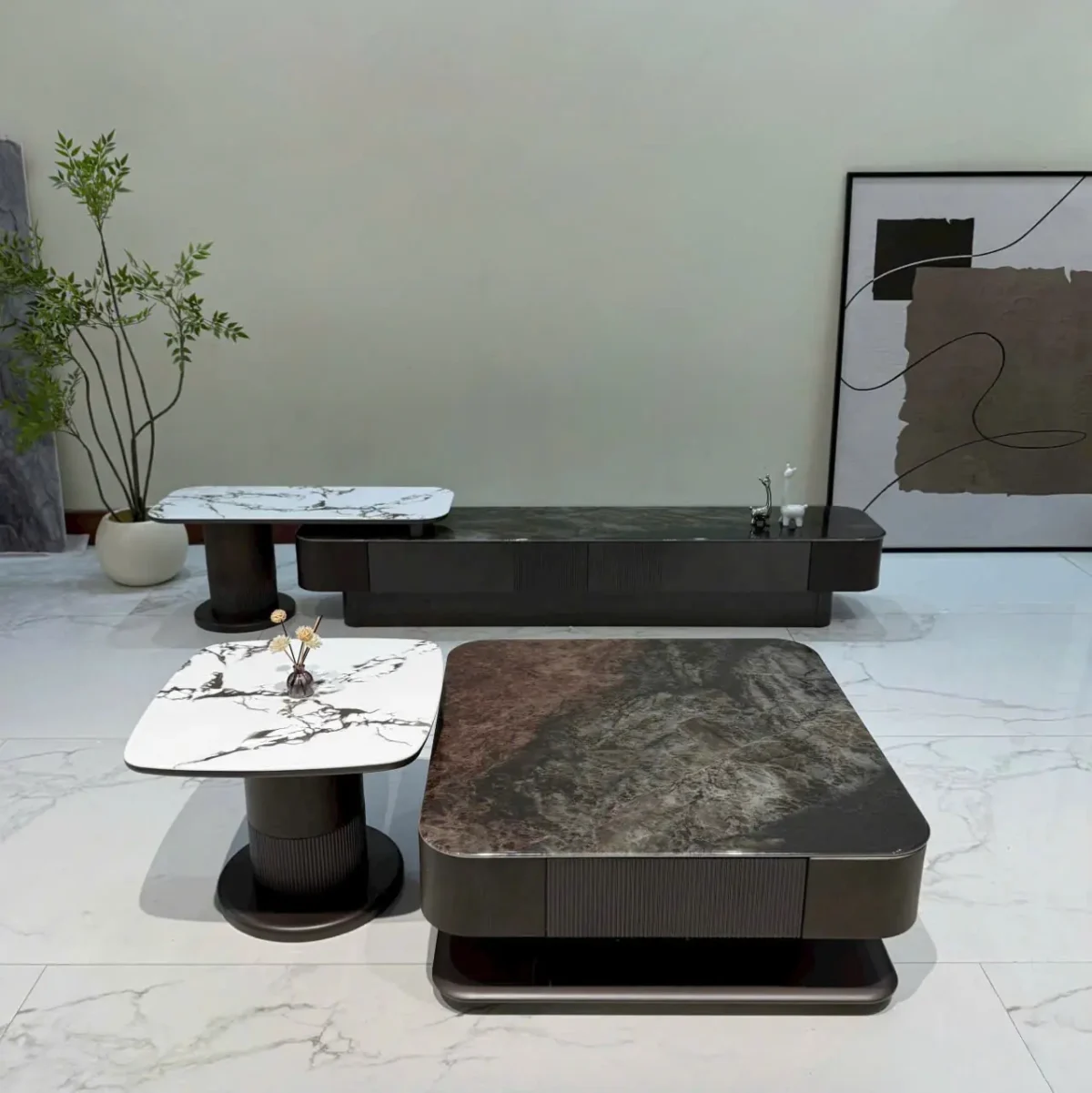 Bộ tủ kệ tivi, bàn trà mặt đá cao cấp nhập khẩu - SP8373