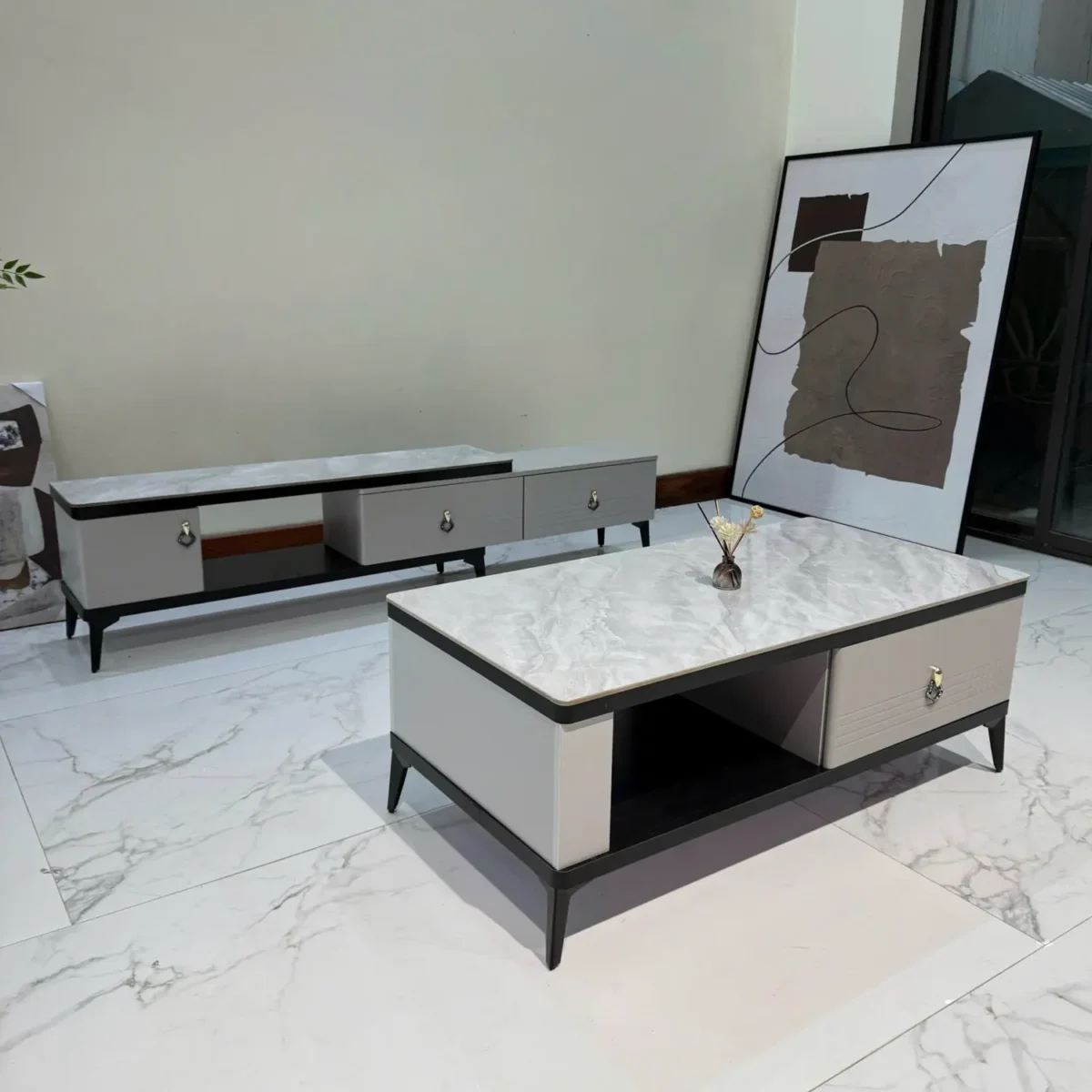 Bộ tủ kệ tivi, bàn trà mặt đá có ngăn kéo nhập khẩu - SP8326 - Ảnh 3