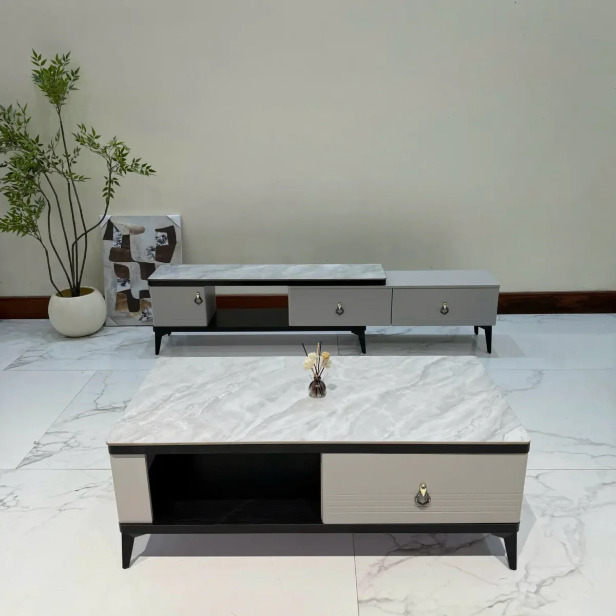 Bộ tủ kệ tivi, bàn trà mặt đá có ngăn kéo nhập khẩu - SP8326