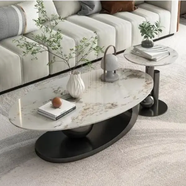 bàn trà đôi elip mặt đá chân sắt hiện đại - SP9624
