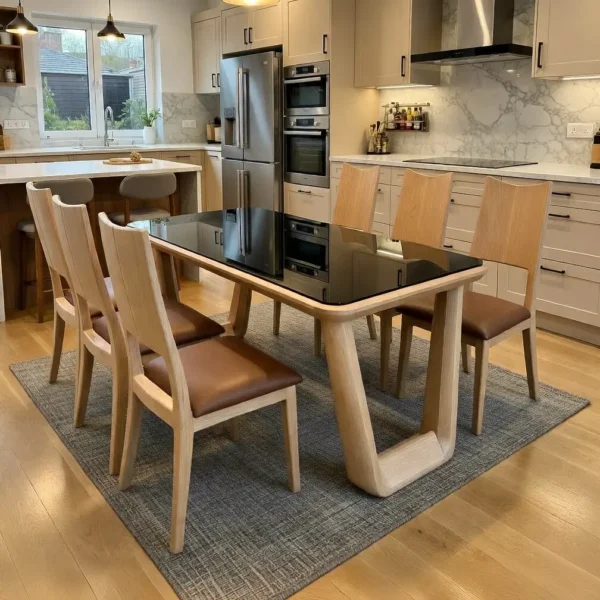 Bộ Bàn Ăn Gỗ Sồi Mặt Kính Thanh Lịch - SP9986