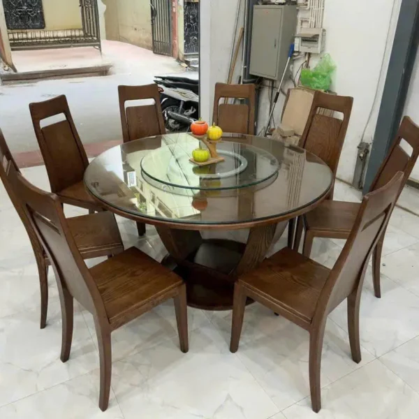 Bộ Bàn Ăn Gỗ Sồi Mặt Kính Xoay Hiện Đại - SP9992