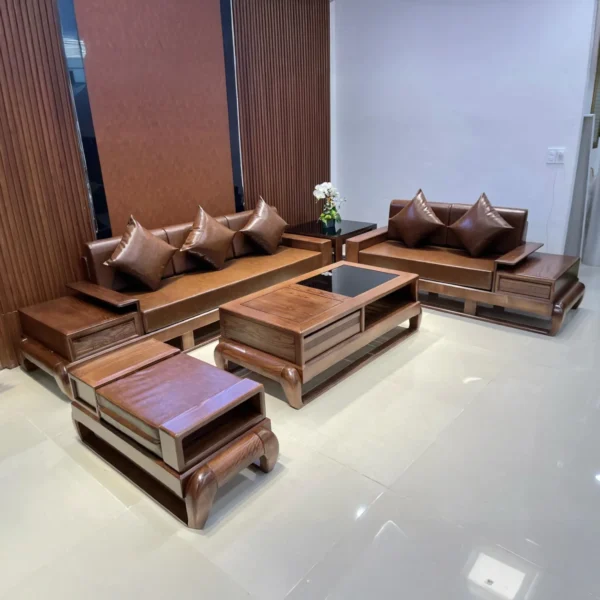 Bộ ghế sofa gỗ sồi chân đùi gà bọc da cao cấp - SP11656