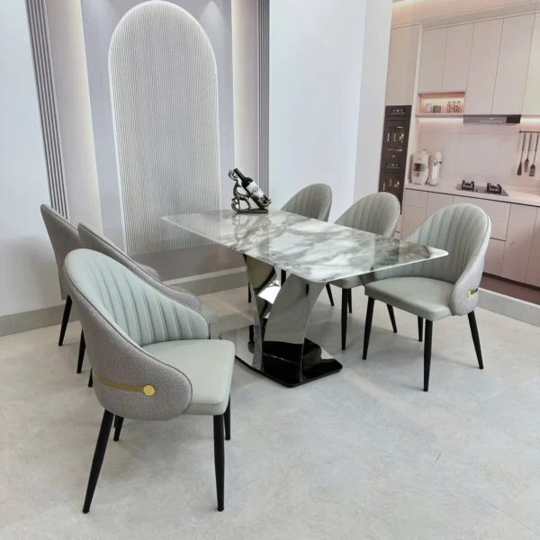 Bàn Ăn Mặt Đá 6 Ghế Chân Inox Chữ V Cách Điệu Hiện Đại - SP12108